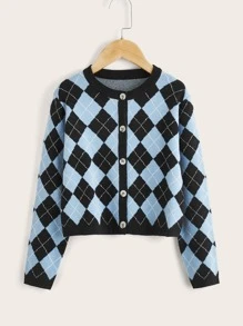 Áo len hai dây cho bé gái Nút phía trước Hình học Giải trí - Nhiều màu - Xem 1