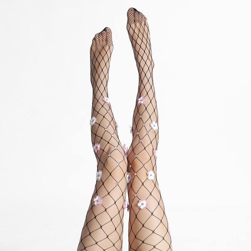 

Flower Decor Fishnet Tights, Black