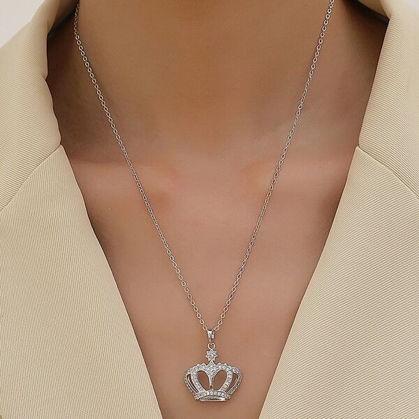

Zircon Crown Charm Necklace, Silver