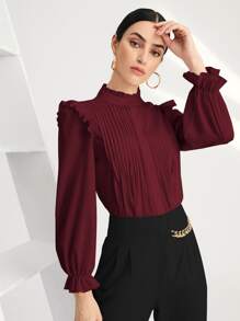 SHEIN BIZwear Solid Pleated Ruffle Trim Blouse - Burgundy - View 1