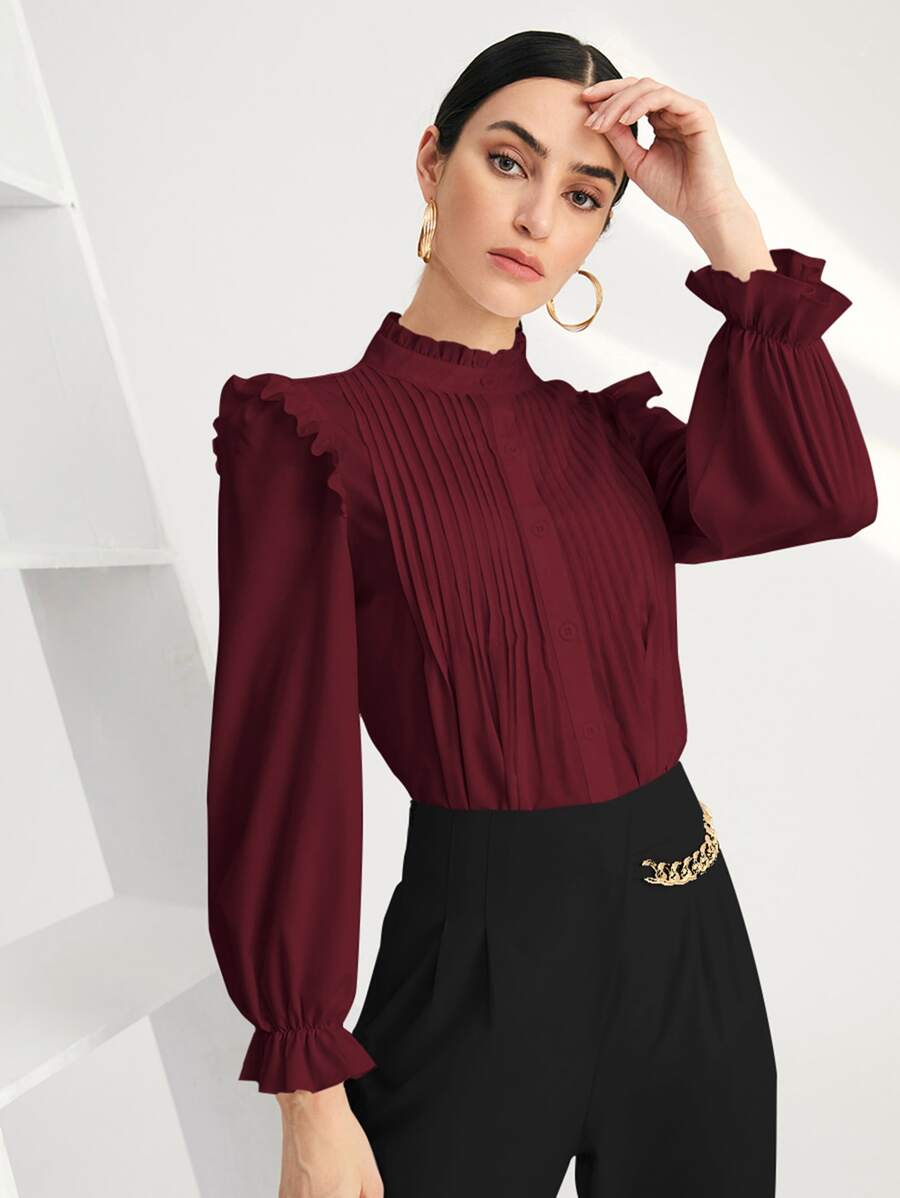 SHEIN BIZwear Solid Pleated Ruffle Trim Blouse - Burgundy - View 1