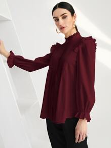 SHEIN BIZwear Solid Pleated Ruffle Trim Blouse - Burgundy - View 3