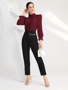 SHEIN BIZwear Solid Pleated Ruffle Trim Blouse - Burgundy - View 4
