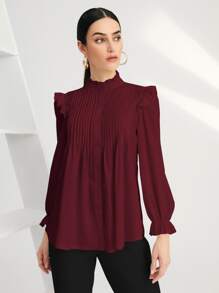 SHEIN BIZwear Solid Pleated Ruffle Trim Blouse - Burgundy - View 5