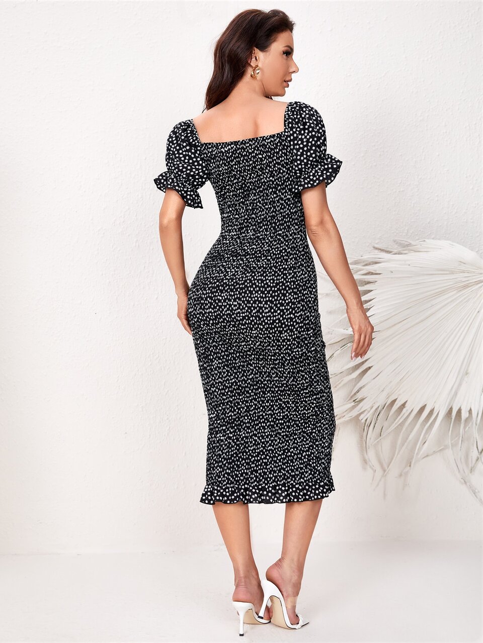 Scoop Neck Shirred Ditsy Floral Dress