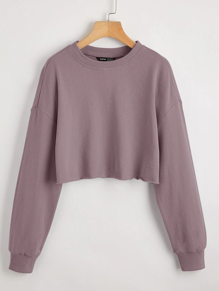 SHEIN BASICS Drop Shoulder Raw Hem Crop Pullover - Mauve Purple - View 1