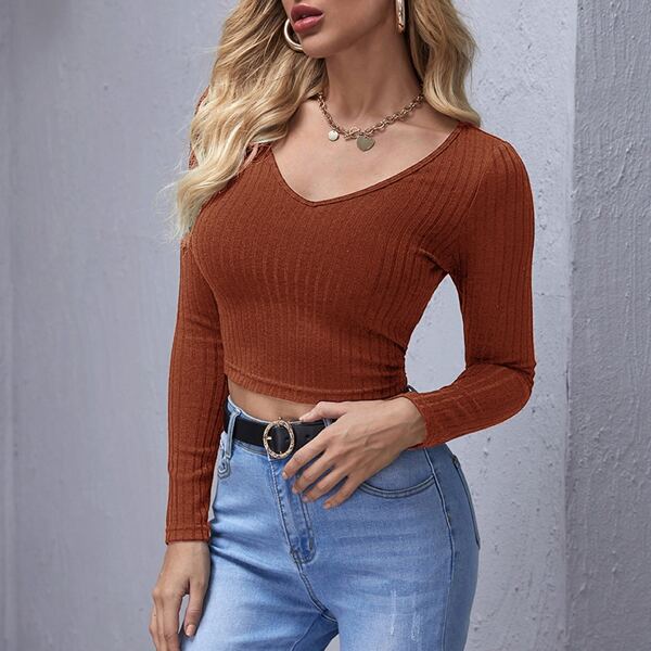 

Rib-knit Solid Crop Tee, Rust brown