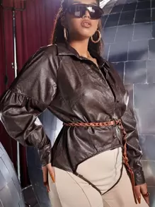 SHEIN Unity Plus Strap Hem Raglan Sleeve PU Leather Shirt Without Belt - Coffee Brown - View 1