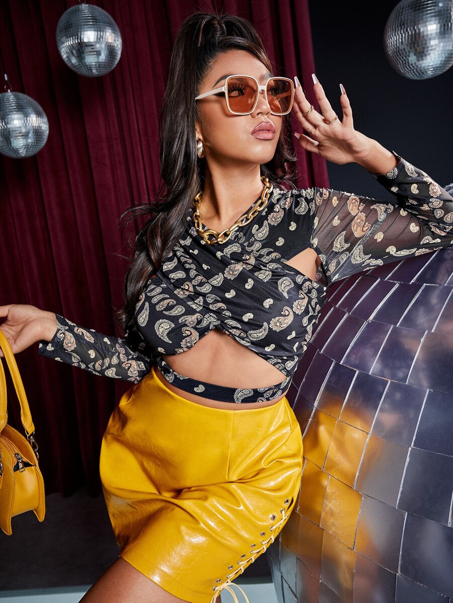 SHEIN Plus Paisley Print Crisscross Cut Out Front Mesh Top - Multicolor - View 1