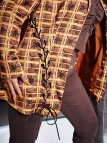 SHEIN ICON 大碼格紋印花扣眼繫帶西裝外套 - 彩色 - 查看 3