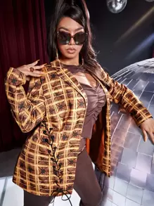 SHEIN ICON 大碼格紋印花扣眼繫帶西裝外套 - 彩色 - 查看 4