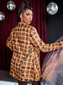 SHEIN ICON 大碼格紋印花扣眼繫帶西裝外套 - 彩色 - 查看 6