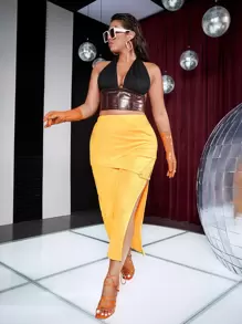 SHEIN Unity Plus Solid Slit Up Skirt - Yellow - View 1
