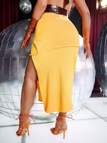 SHEIN Unity Plus Solid Slit Up Skirt - Yellow - View 7