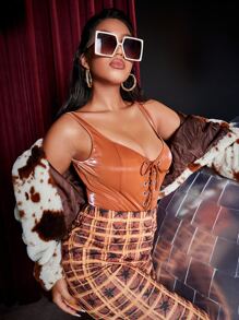 SHEIN Plus Lace Up Front PU Leather Bodysuit - Brown - View 1