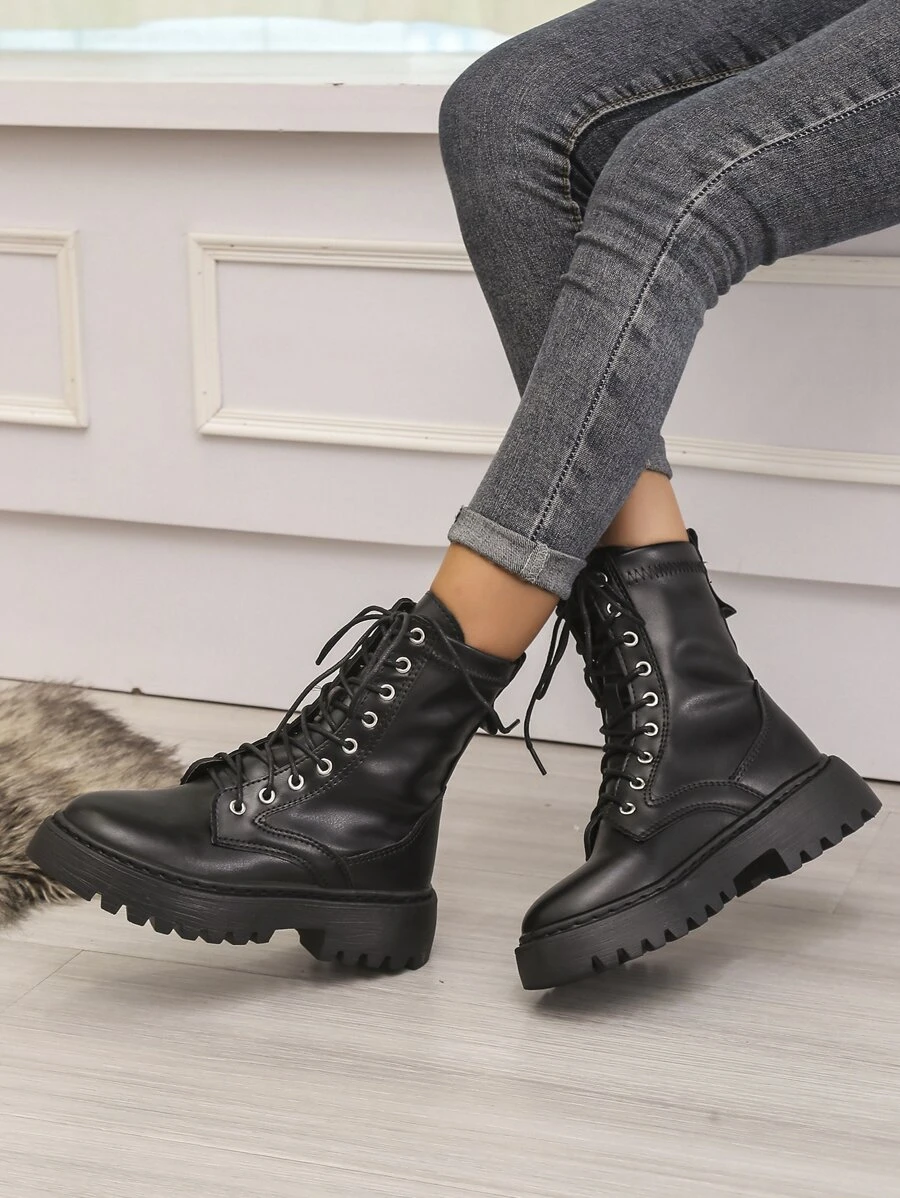 Minimalist Lace-up Front Ankle Boots - Black - View 1