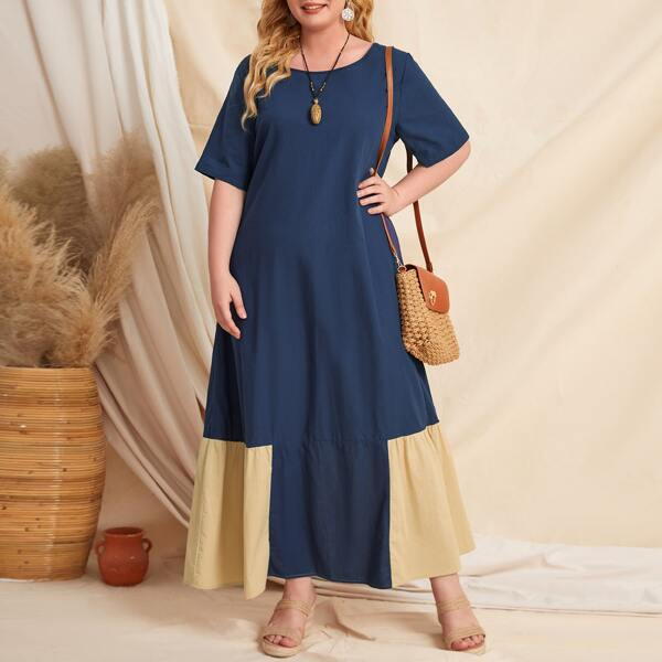 

Plus Color Block Ruffle Hem Smock Dress, Navy blue