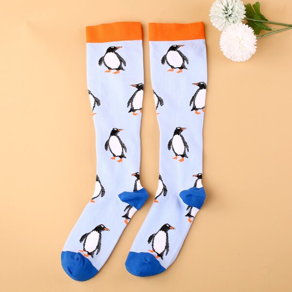 

Penguin Print Over The Calf Socks, Baby blue