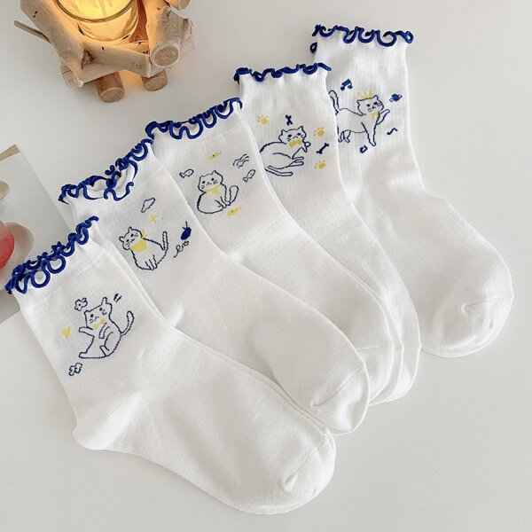 

5pairs Cartoon Cat Print Socks, White