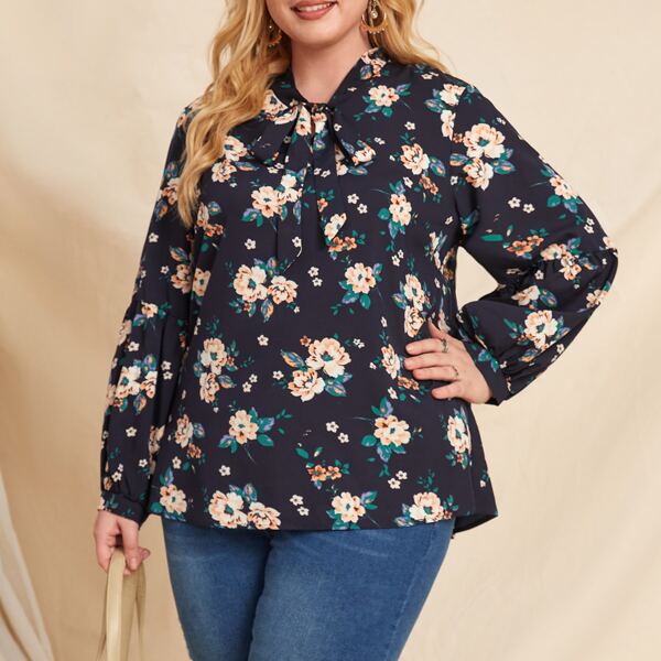 

Plus Allover Floral Tie Neck Blouse, Multicolor