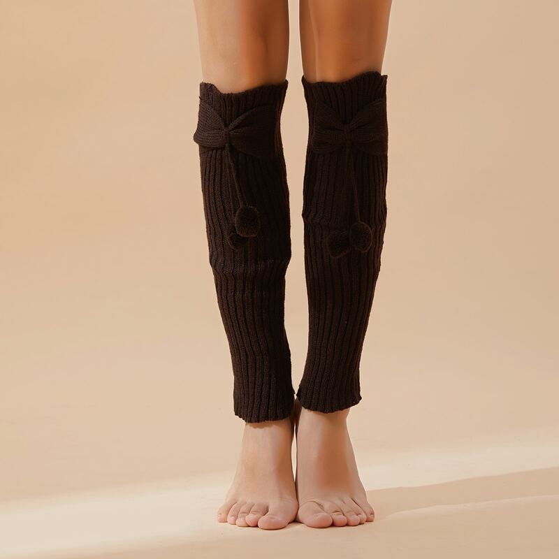 

Pom Pom Decor Knit Leg Warmers, Coffee brown