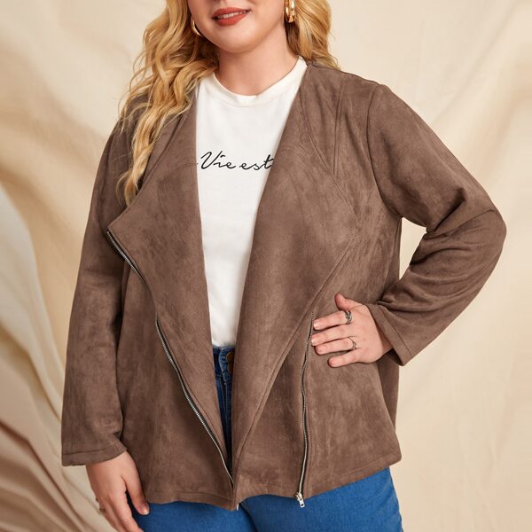 

Plus Waterfall Collar Zipper Suede Jacket, Mocha brown