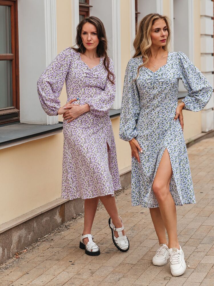 1 pieza Vestido floral pecho con fruncido de muslo con abertura - Multicolor - Añade 3