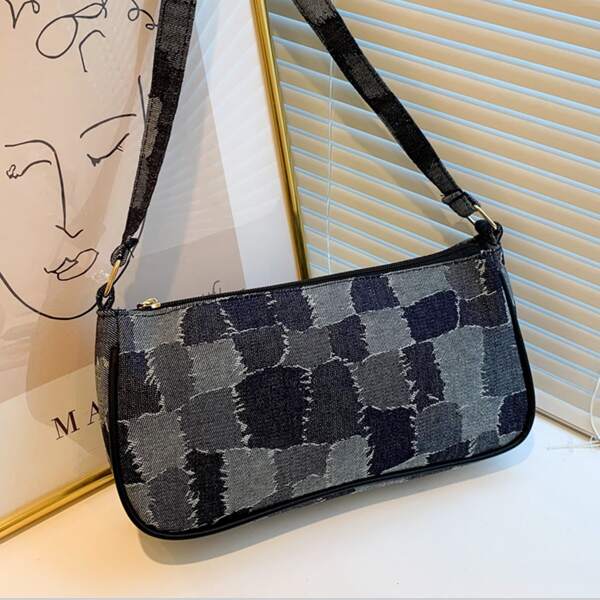 

Plaid Pattern Baguette Bag, Multicolor