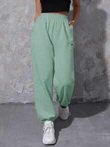 SHEIN EZwear Letter Embroidery Slant Pocket Sweatpants - Mint Green - View 1