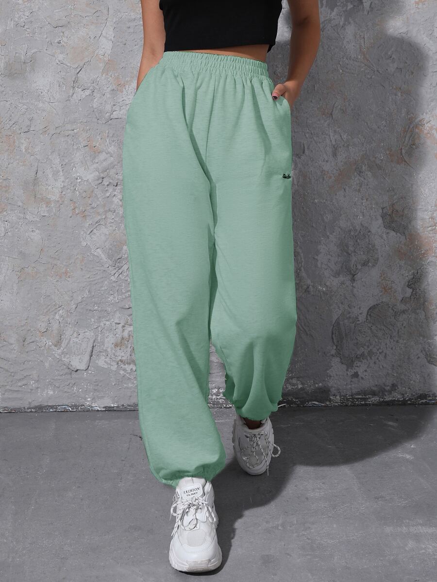 SHEIN EZwear Letter Embroidery Slant Pocket Sweatpants - Mint Green - View 1