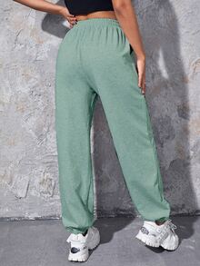 SHEIN EZwear Letter Embroidery Slant Pocket Sweatpants - Mint Green - View 2
