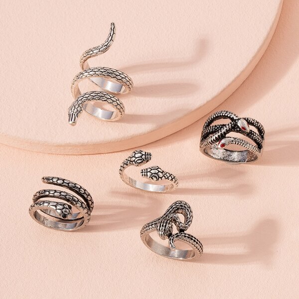

5pcs Snake Design Ring, Antique silver