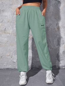 SHEIN EZwear Letter Embroidery Slant Pocket Sweatpants - Mint Green - View 4