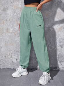 SHEIN EZwear Letter Embroidery Slant Pocket Sweatpants - Mint Green - View 5