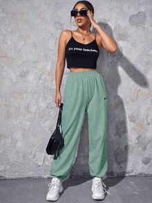 SHEIN EZwear Letter Embroidery Slant Pocket Sweatpants - Mint Green - View 6