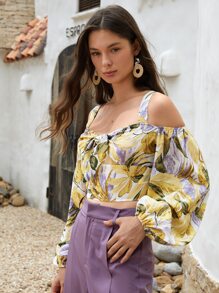 SHEIN 熱帶圖案挖肩前打結短款上衣 - 彩色 - 查看 1