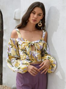 SHEIN 熱帶圖案挖肩前打結短款上衣 - 彩色 - 查看 3