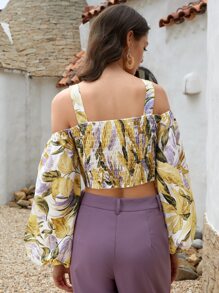 SHEIN 熱帶圖案挖肩前打結短款上衣 - 彩色 - 查看 2