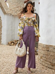 SHEIN 熱帶圖案挖肩前打結短款上衣 - 彩色 - 查看 4