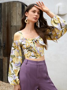 SHEIN 熱帶圖案挖肩前打結短款上衣 - 彩色 - 查看 5