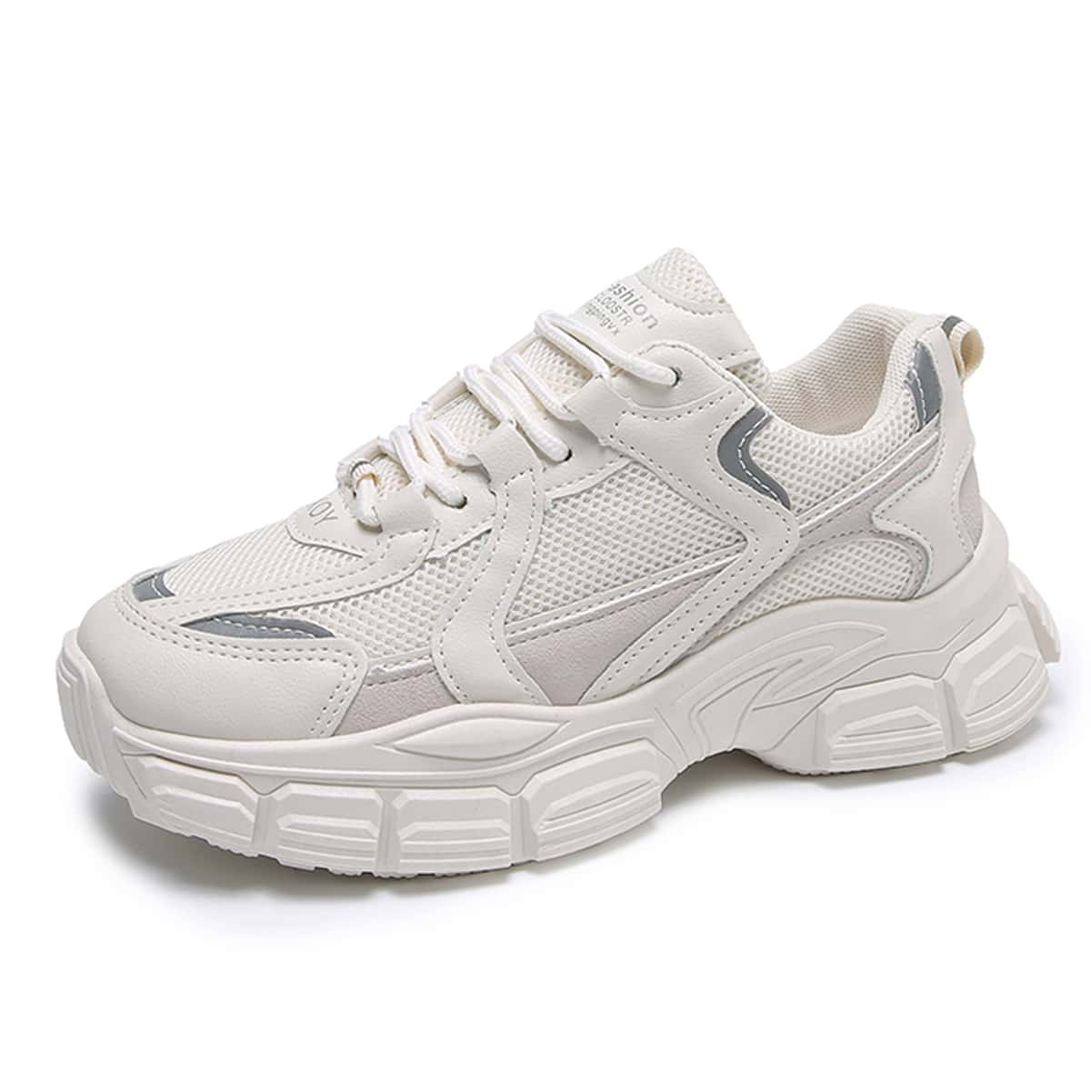 

Lace-up Front Mesh Panel Chunky Sneakers, Beige