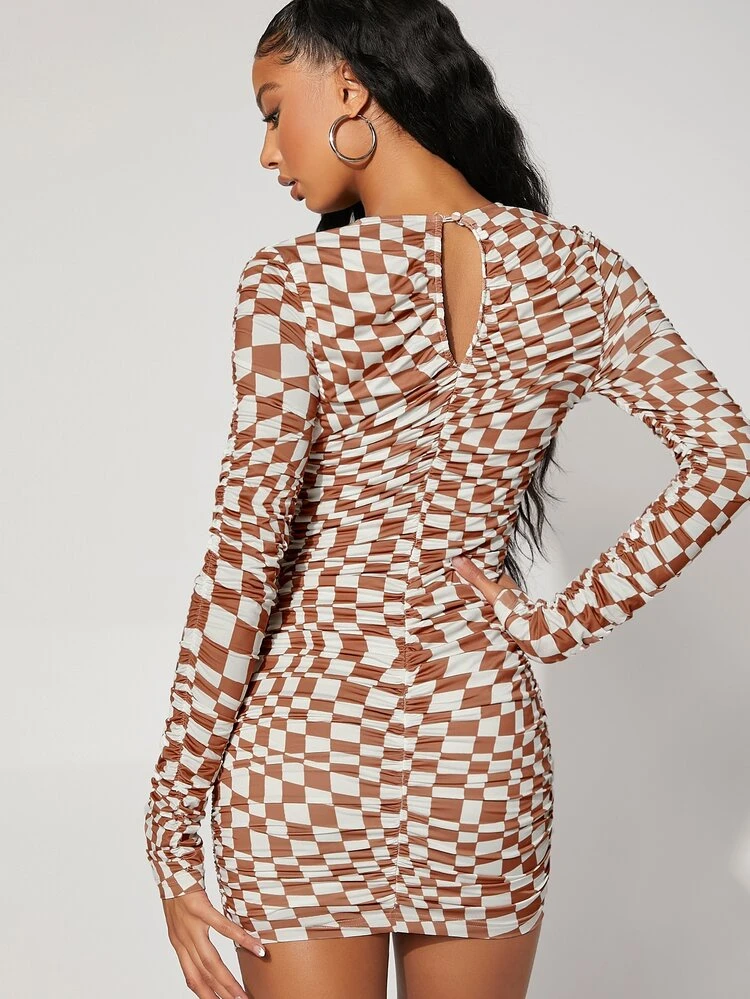 Checkered Print Ruched Keyhole Neck Bodycon Dress