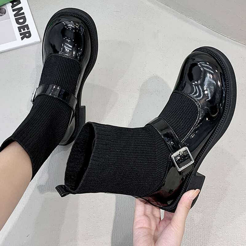 

Buckle Decor Patent Leather Boots, Black