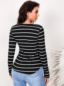 SHEIN Essnce 罗纹针织弧形下摆条纹T恤 - 黑色 - 查看 2