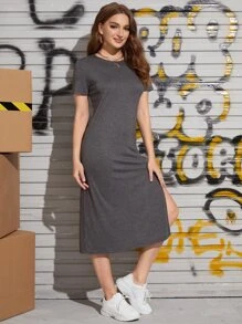 SHEIN LUNE High Split Solid Dress - Dark Grey - View 5