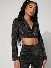 SHEIN BAE 西裝領短款PU皮革西裝外套 - 黑色 - 查看 1