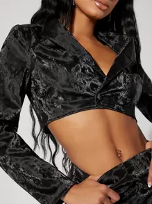 SHEIN BAE 西裝領短款PU皮革西裝外套 - 黑色 - 查看 3