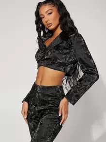 SHEIN BAE 西裝領短款PU皮革西裝外套 - 黑色 - 查看 4