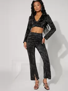 SHEIN BAE 西裝領短款PU皮革西裝外套 - 黑色 - 查看 5