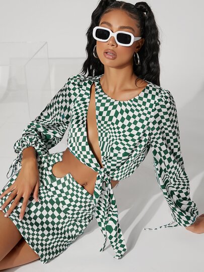 SHEINNeu Geo Print Cut Out Tie Hem Satin Blouse